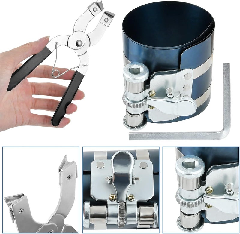 Worldity 8Pcs 3" 4" 6" Piston Ring Compressor, Car Engine Piston Ring Compressor Tool with Pliers, Hex key and Stainless Steel Feeler Gauge, Piston Ring Installation Tool for Car Engine - Image 5